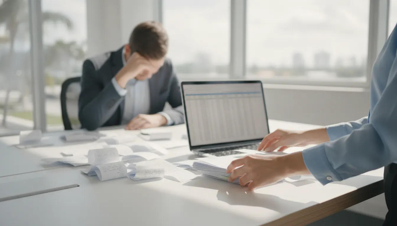 A small business owner looking at a laptop showing one of the signs you need a bookkeeper, while a professional helps organize their desk.