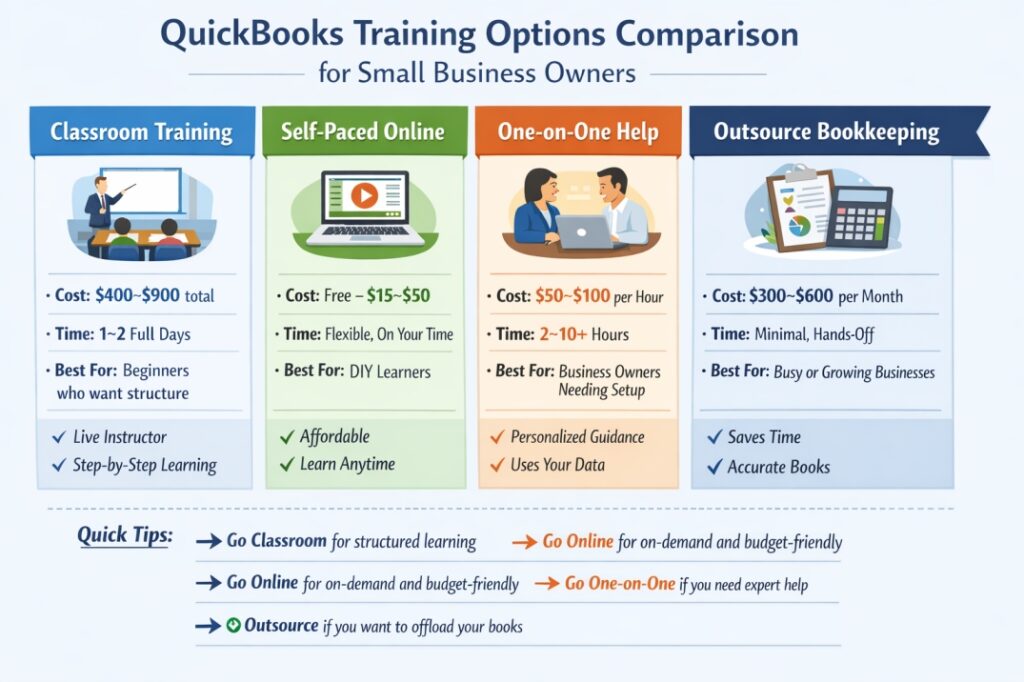 QuickBooks training options comparison chart for small business owners.